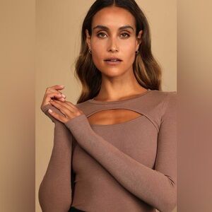 Lulus Flirty Little Secret Brown Ribbed Cutout Long Sleeve Top New
